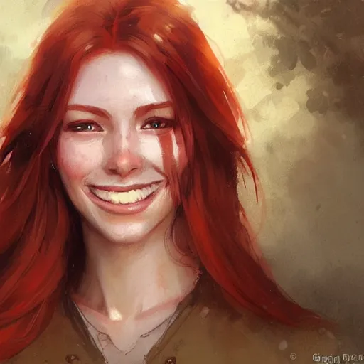 Prompt: a smiling woman, detailed face, redhead, by greg rutkowski, mandy jurgens