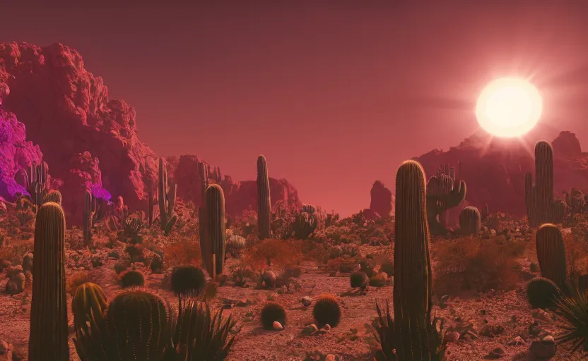 Image similar to a beautiful render of a sci - fi scientific industrial facility localized in a desert cave, cacti, patches of yellowish - red - magenta sky, sunset lighting, detailed, hazy, dry, volumetric lighting, god rays, 8 k, photorealistic, raytracing effects, rtx on