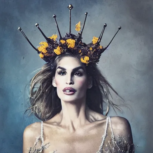 Image similar to fine art photo of cindy crawford, she has a crown of dried flowers, by oleg oprisco