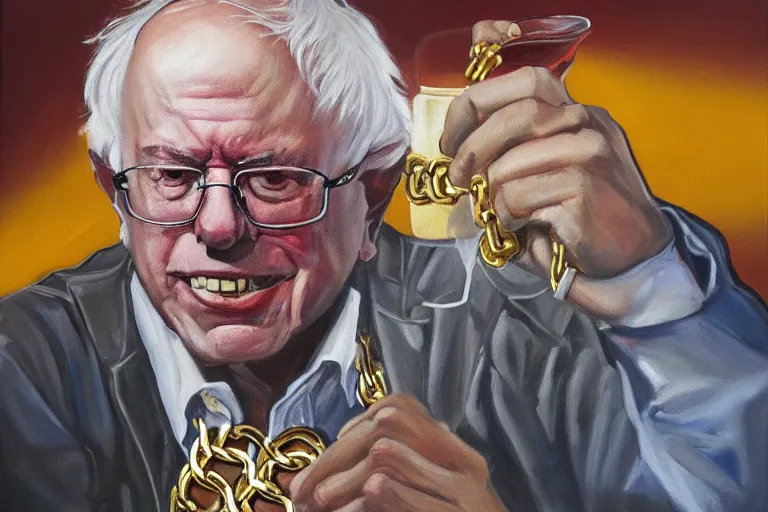 Image similar to Bernie Sanders as rap gold chains and gold teeth, drinking cough syrup, oil on canvas, artstation, portrait, masterpiece, aesthetic