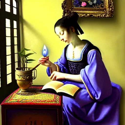 Prompt: a highly detailed fantasy pastel oil painting of a young wizard in ornate clothing lounging on a purpur pillow on the marble floor in front of her bookcase, studying an ancient tome. to the side is a potted plant and some blue candles. ancient oriental fantasy setting. in the style vermeer, yoshitaka amano and mark tedin