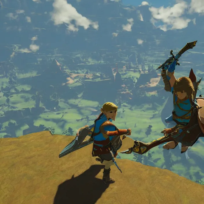 Image similar to Tony Hawk in The Legend of Zelda Breath of the Wild, detailed screenshot