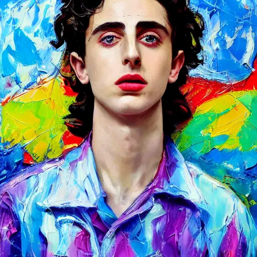 Prompt: a Timothee Chalamet glossy iridescent, Face, Palette Knife Painting, Acrylic Paint, Dried Acrylic Paint, Dynamic Palette Knife Oil Paintings, Vibrant Palette Knife Portraits Radiate Raw Emotions, Full Of Expressions, Palette Knife Paintings by Francoise Nielly, Beautiful, Beautiful Face, surrealistic 3d illustration face non-binary, non binary model, 3d model human, cryengine, made of holographic texture, holographic material, holographic rainbow, concept of cyborg and artificial intelligence
