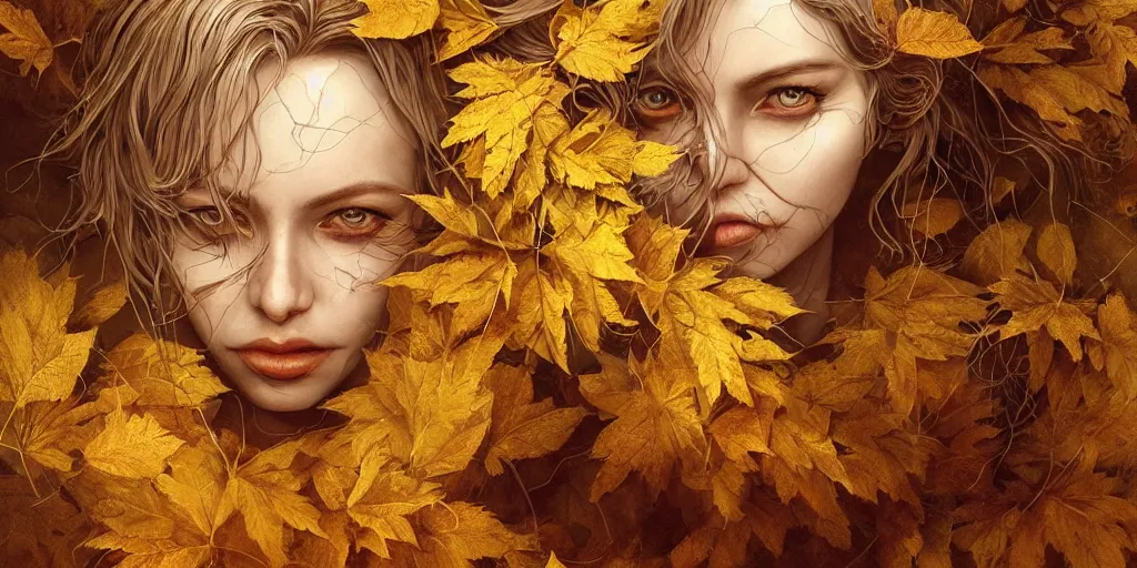 Image similar to golden leaves at frame border, creative!!! composition for a book cover!!!, absurdly beautiful, ultrafine hyperrealistic detailed old witch face by wlop and artgerm and greg rutkowski, intricate linework, sharp focus, smooth, octopath traveler, final fantasy, unreal engine, dramatic lighting, ethereal, 8 k