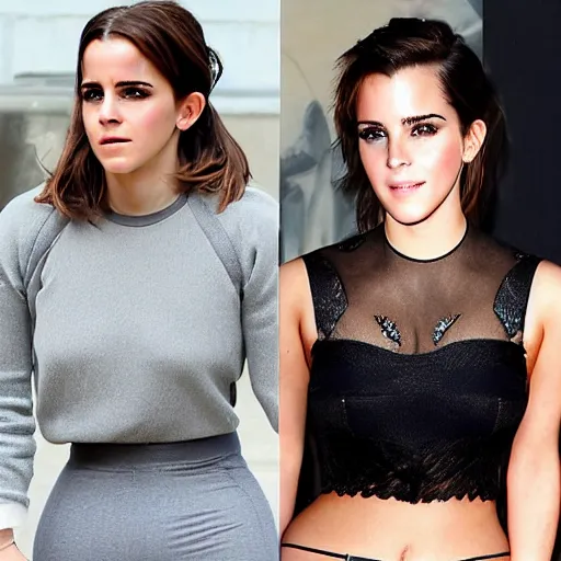 Image similar to emma watson mixed with kim kardashian, 5 0 - 5 0 mixture, full - figure profile