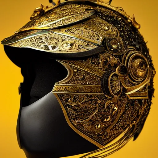 Prompt: a luxurious black and gold samurai helmet, close - up photo, by james christensen, vittorio matteo corcos, epic, tendring on artstation, fantasy, intricate details, highly detailed, 4 k.