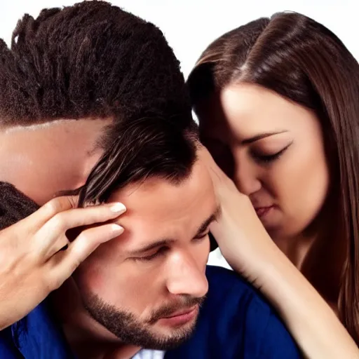 Image similar to a man licking a women's hair, the women's eyes are looking at the man who is to her left.