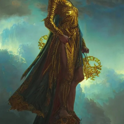 Image similar to artstation concept of a cruel godess, bright colorful, gold, hyperdetailed, artstation trending, world renowned artists, worth1000.com, historic artworks society, antique renewel, cgsociety, by greg rutkowski, by Gustave Dore, Deviantart