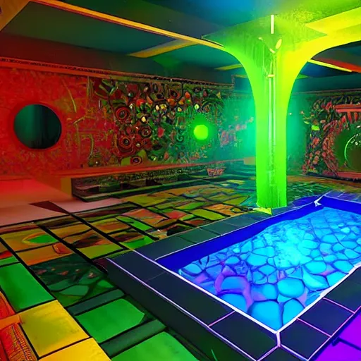 Prompt: backflip into a pool caustics lighting impressive colorful masterpiece graffiti nvidia raytracing demo