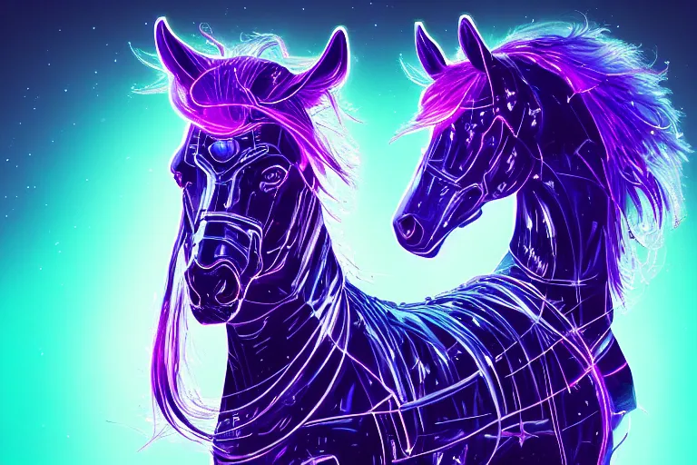 Image similar to a beautiful full body portrait of a cute cyberpunk horse with bioluminescent mane by sandra chevrier and greg rutkowski and wlop, purple blue color scheme, vaporware, retro, outrun, high key lighting, volumetric light, digital art, highly detailed, fine detail, intricate, ornate, complex, octane render, unreal engine, photorealistic