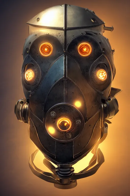 Image similar to steampunk mask minimalist fantasy art robot ninja helmet, global illumination ray tracing hdr fanart arstation by sung choi and eric pfeiffer and gabriel garza and casper konefal radiating a glowing aura