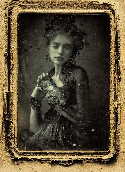 Prompt: old wetplate daguerreotype elegant pretty portrait with explosion of data fragments, fractal, intricate, elegant, highly detailed, parallax, leica, medium format, subsurface scattering, by jheronimus bosch and greg rutkowski and louis jacques mande daguerre