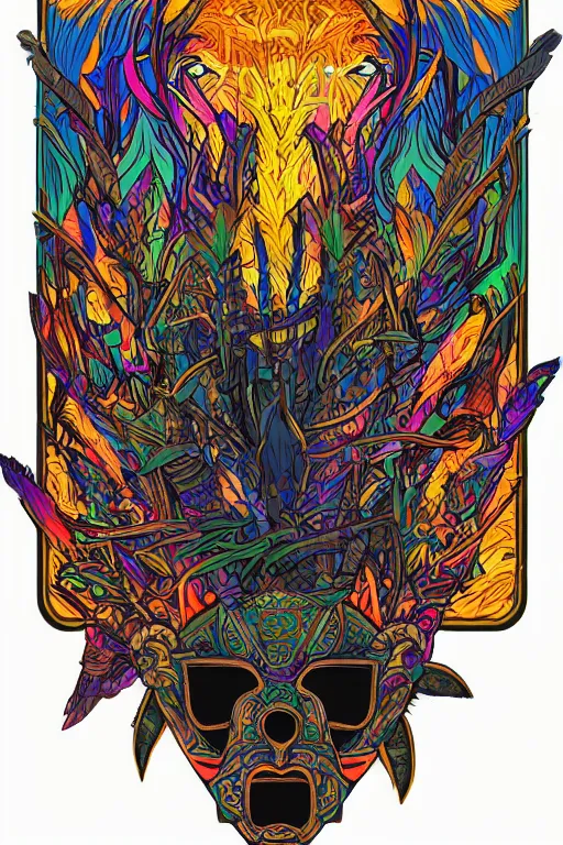 Image similar to animal mask totem roots flower tribal feather gemstone plant wood rock shaman vodoo video game vector cutout illustration vivid multicolor borderlands comics by josan gonzales and dan mumford radiating a glowing aura