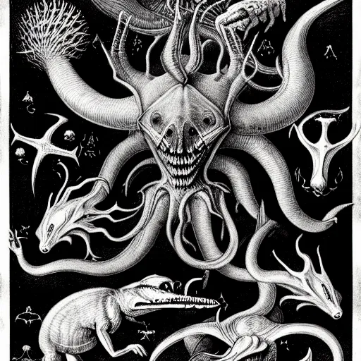 Image similar to bestiary of creatures from the depths of the unconscious psyche