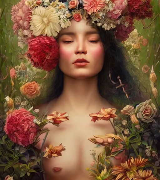 Image similar to portrait of a chullachaqui, surrounded by flowers by karol bak, james jean, tom bagshaw, rococo, trending on artstation, cinematic lighting, hyper realism, octane render, 8 k, hyper detailed.