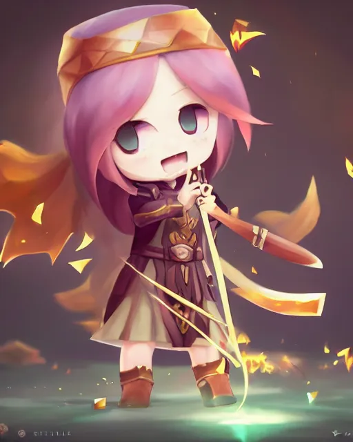 Image similar to oil painting of a cute chibi MapleStory female, casting a spell with a teaspoon, wearing a MapleStory archer outfit, sharp focus, fantasy style, octane render, volumetric lighting, 8k high definition, by greg rutkowski, highly detailed, trending on artstation, magic the gathering artwork, Perion background from MapleStory, centered