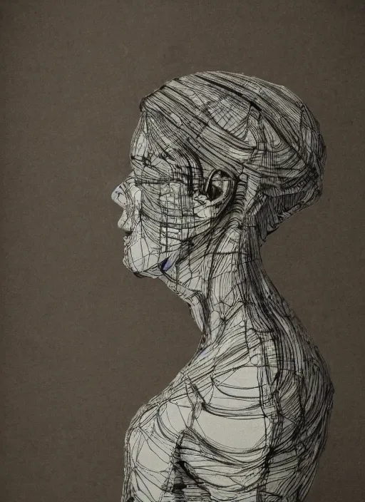 Prompt: a woman's face in profile, made of pages skeleton, in the style of the Dutch masters and Gregory Crewdson, dark and moody