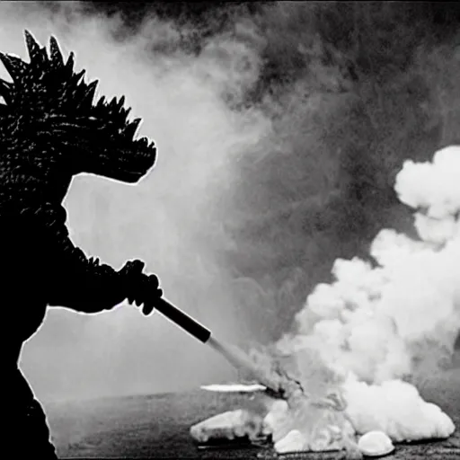 Image similar to godzilla smoking a bong, 5 5 mm