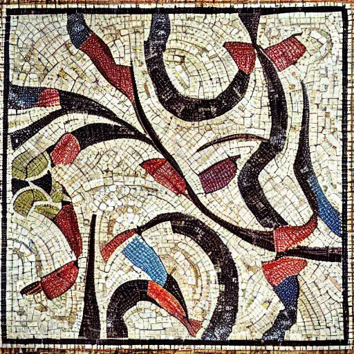 Prompt: beautiful roman mosaic of mc escher tiles, detailed, intricate