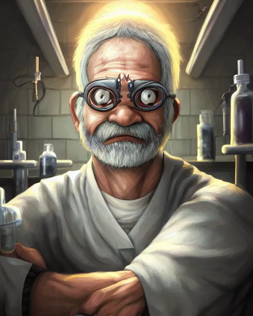 Prompt: An epic fantasy comic book style portrait painting of a man in a laboratory, very expressive, really short dark gray hairs, round face, wearing a shirt with horizontal stripes, awesome pose, character design by Mark Ryden and Pixar and Hayao Miyazaki, unreal 5, DAZ, hyperrealistic, octane render, cosplay, RPG portrait, dynamic lighting, intricate detail, summer vibrancy, cinematic