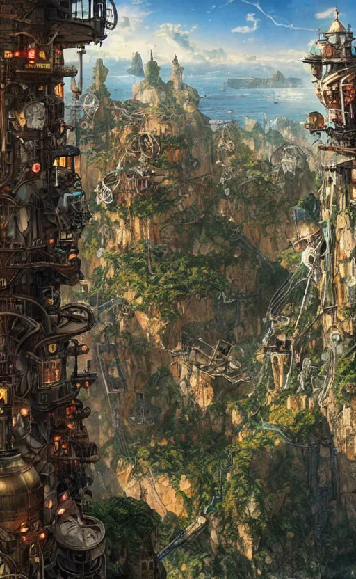 Image similar to steampunk city on a cliff, dense foliage poster art by kim jung giu and weta studio, and lucasfilm and jesper ejsing and norman rockwell greg rutkowski frank frazzeta