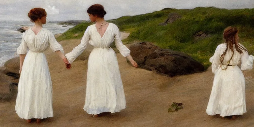 Prompt: 2 young edwardian women wearing white dresses hold hands on a beach in Sweden, in the style of Anders Zorn