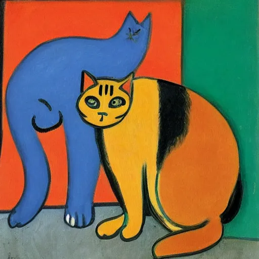 Image similar to An oil painting of a cat spitting on a man, colorful, by Henri Matisse