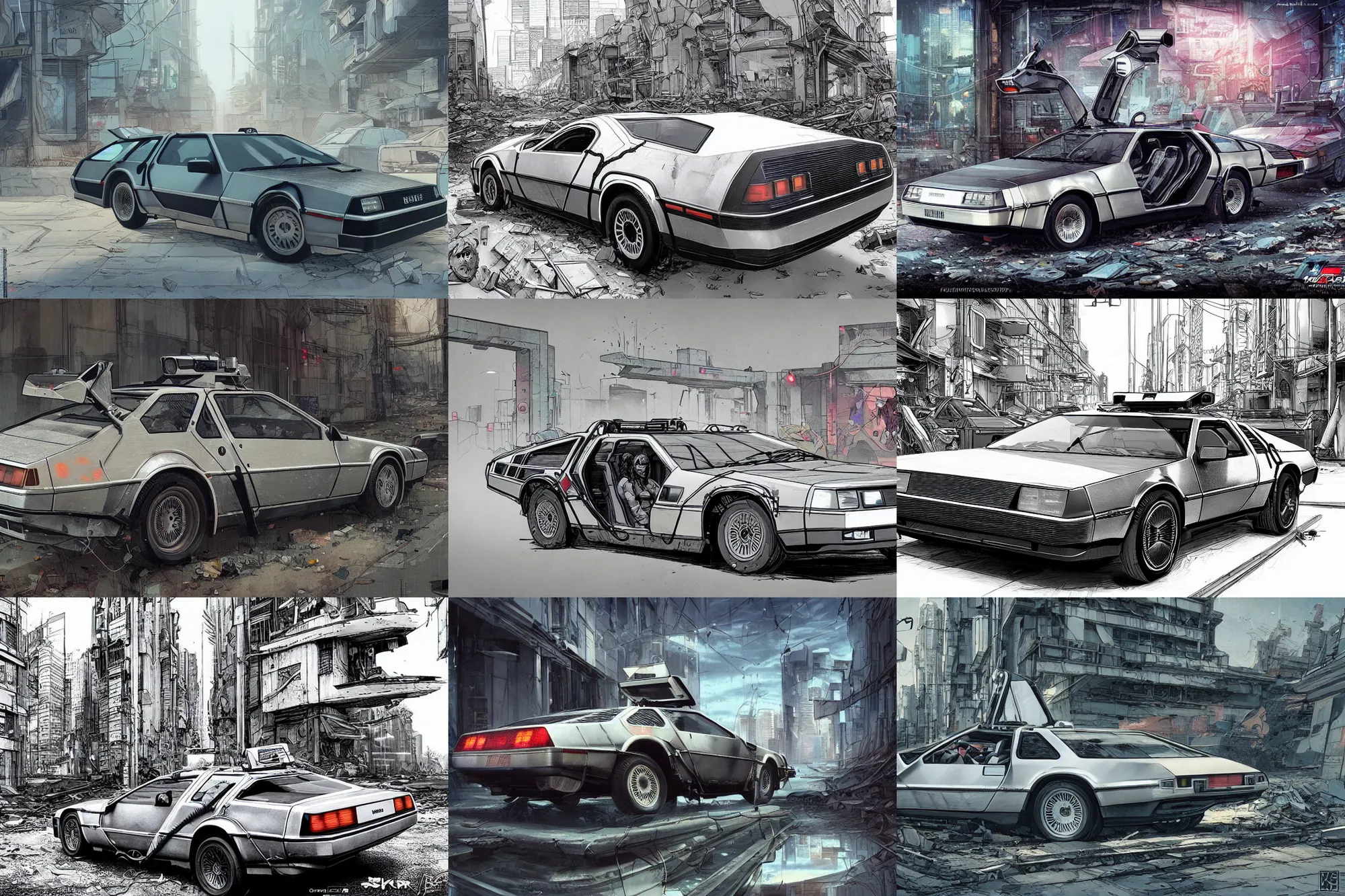 Prompt: hardmesh retro futurist post - delorean doors is open, with a sleek spoiler, driving down the streets of a cyberpunk abandoned city, by kim jung gi, zabrocki, karlkka, jayison devadas