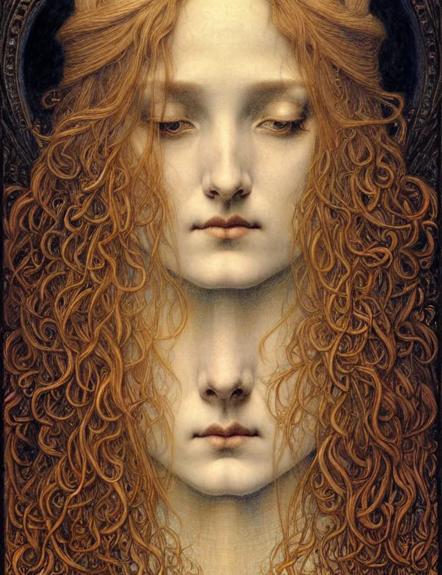 Image similar to detailed realistic beautiful young medieval queen face portrait by jean delville, gustave dore and marco mazzoni, art nouveau, symbolist, visionary, gothic, pre - raphaelite. horizontal symmetry