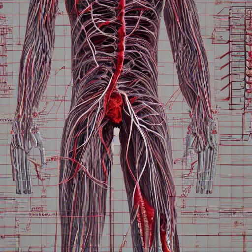 Prompt: man made of internal organs and arteries and veins and cables, extreme detailed intricate render, 8k artistic photography