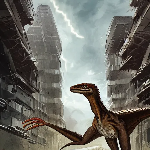 Image similar to An artwork of a velociraptor in a dystopian city, paleo art, brutalism