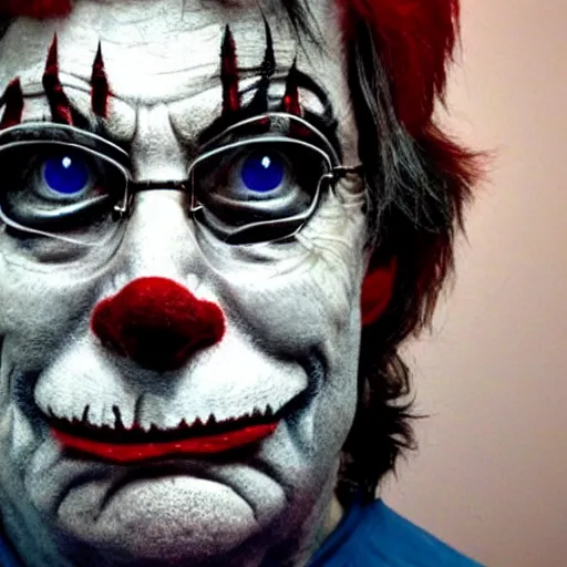 Prompt: a portrait of stephen king with clown makeup on