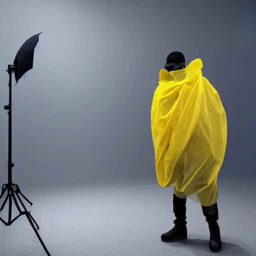 Image similar to photo studio with rainforest and foggy background. fisherman in yellow balenciaga cloth, plastic bag and black mask. photorealistic high resolution, redshift render, 8 k