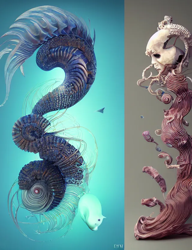 Image similar to 3 d goddess nautilus half - turn portrait with long hair with ram skull. beautiful intricately detailed japanese crow kitsune mask and clasical japanese kimono. betta fish, jellyfish phoenix, bio luminescent, plasma, ice, water, wind, creature, artwork by tooth wu and wlop and beeple and greg rutkowski