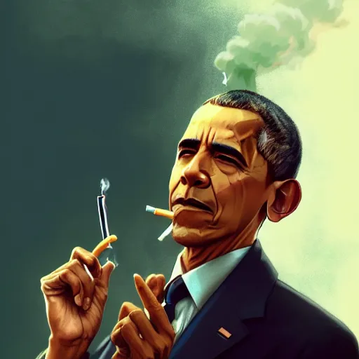 Prompt: Barrack Obama pondering nuclear destruction smoking a cigarette, highly detailed, digital painting, artstation, concept art, smooth, sharp focus, illustration, art by artgerm and greg rutkowski and alphonse mucha and loish and WLOP