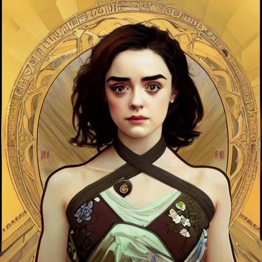 Image similar to portrait of a combination of Ashley Green, Maisie Williams, Krysten Ritter, Anne Hathaway and Adriana Dxim, Grace Kelly and Lily Collins by Alphonse Mucha, trending on artstation