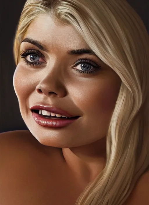 Prompt: holly Willoughby with the physique of a body builder, full body, symmetrical facial features, eye contact, hyper realistic, ultra detailed, cinematic, dynamic lighting, photorealistic, refined, intricate, digital art, digital painting, masterpiece, 8k