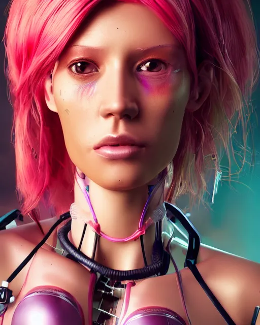 Image similar to portrait of a beautiful tan woman with pink hair as a cyberpunk cyborg half robot, revealing wires and electronics, hooked - up, sci - fi, missing panels, intricate abstract upper body intricate artwork, concept art, octane render, deviantart, cinematic, key art, hyperrealism, iridescent accents, portrait photograph, nikon 3 5 mm, photograph by greg rutkowski