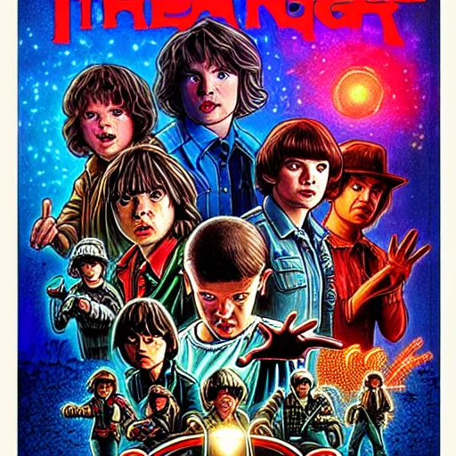 Image similar to Stranger Things by Drew Struzan, artstation, 80's American sci-fi poster The Goonies (1985) style, detaild faces, 8K