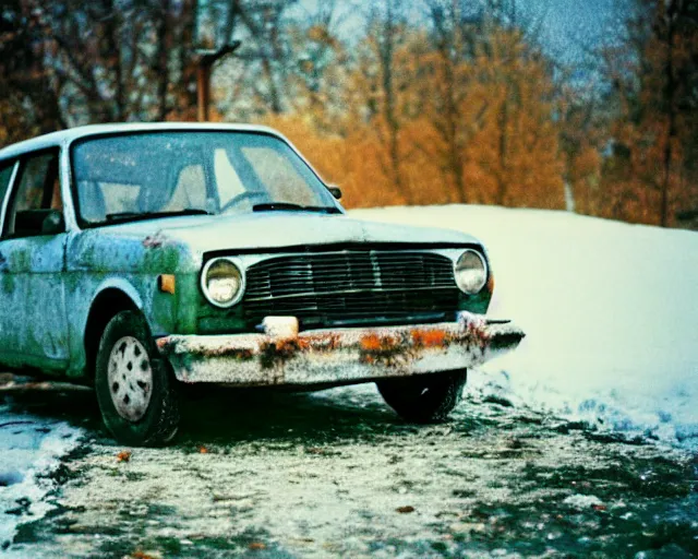 Image similar to a lomographic photo of old lada 2 1 0 7 standing in typical soviet yard in small town, hrushevka on background, cinestill, bokeh