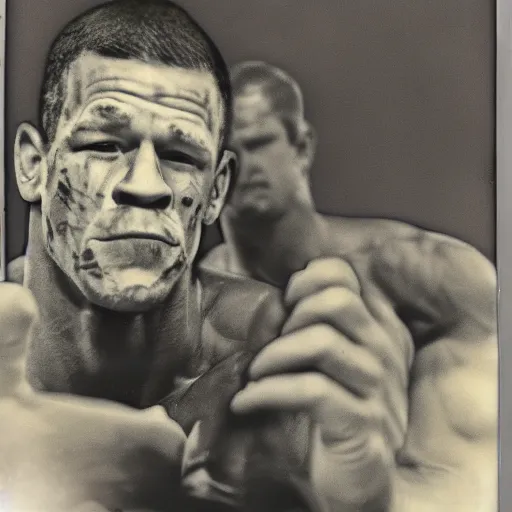Prompt: John Cena battling in the war, polaroid, photography, damaged, epic,