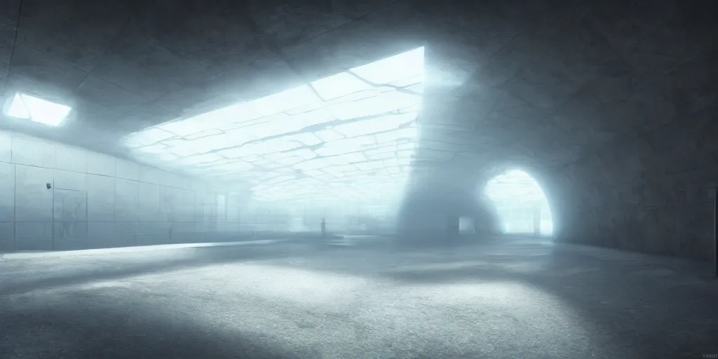 Image similar to underground tunnel, brutalist architecture, sterile, iridescent mist, futuristic hazmats, unknown location, light and shadows, light refraction, 4k, cinematic, unreal engine, concept art