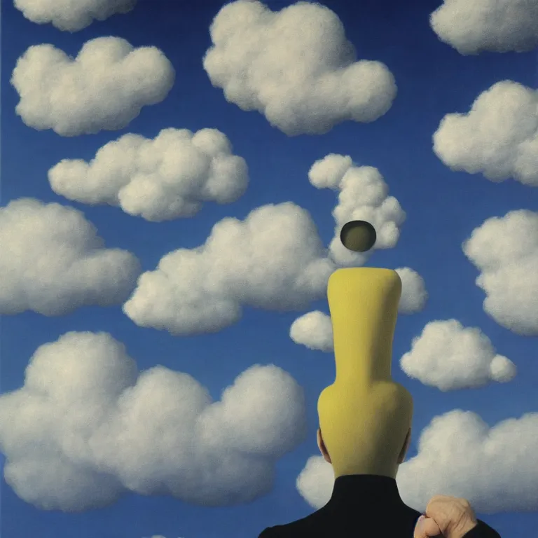 Image similar to cloud - man, by rene magritte, centered, detailed painting, hd, hq, high resolution, high detail, 4 k, 8 k