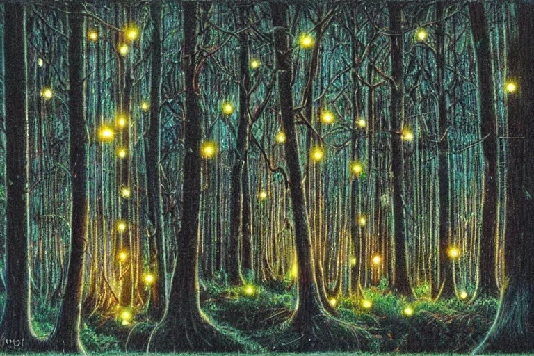 Prompt: forest at night with floating lights by Kinuko Craft