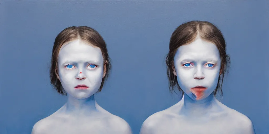 Image similar to with malice, your blue skin, with malice, your blue eyes, with malice, your, white smile with malice, your whole body, at last, with malice, with malice, will it be when i stay awake thinking of her, does she think a little about me? painting by gottfried helnwein