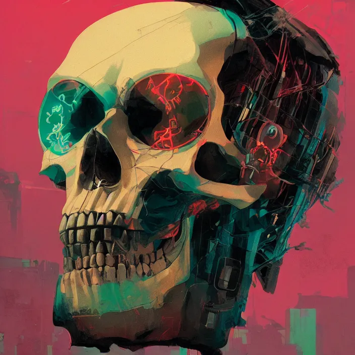 Image similar to a colorful comic noir illustration painting of a cyberpunk skull by sachin teng, sergey kolesov, greg rutkowski, in style of digital art. hyper detailed, sharp focus, soft light. octane render. ray tracing. trending on artstation