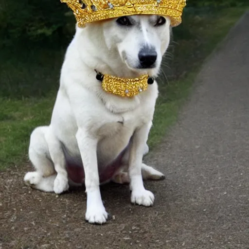 Prompt: A very realistic photograph of a dog wearing a golden crown with gems.