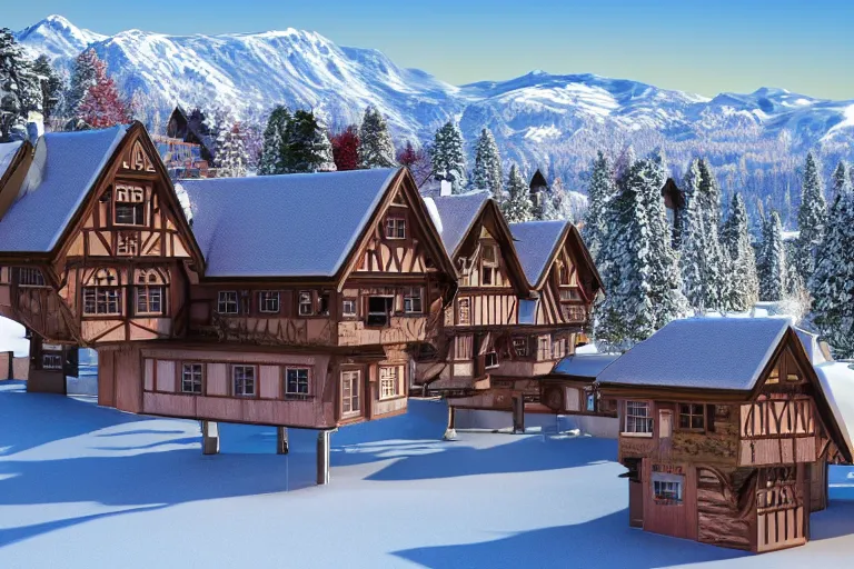 Prompt: futuristic half-timbered houses with in the forest with Elbrus mountain covered by snow on the background, architecture, 3d render 8k , high details