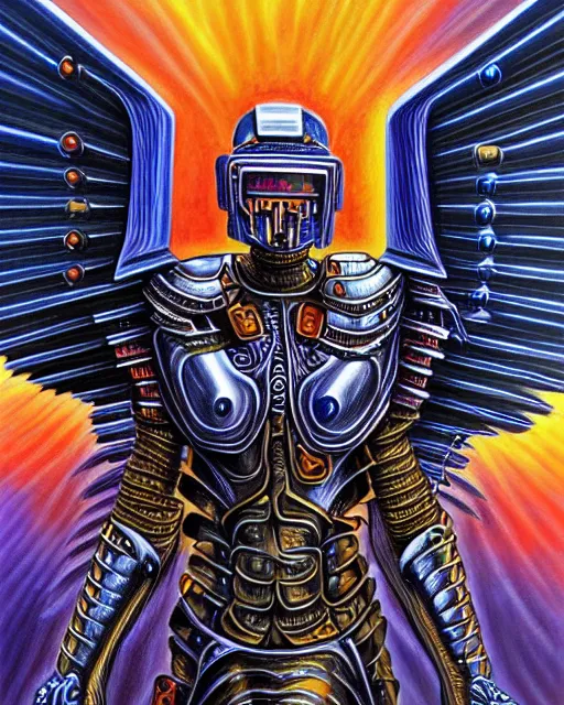 Prompt: Detailed Painting Of a Cyberpunk warrior Archangel knight brute in battle armor with metal metallic wings by Alex Grey