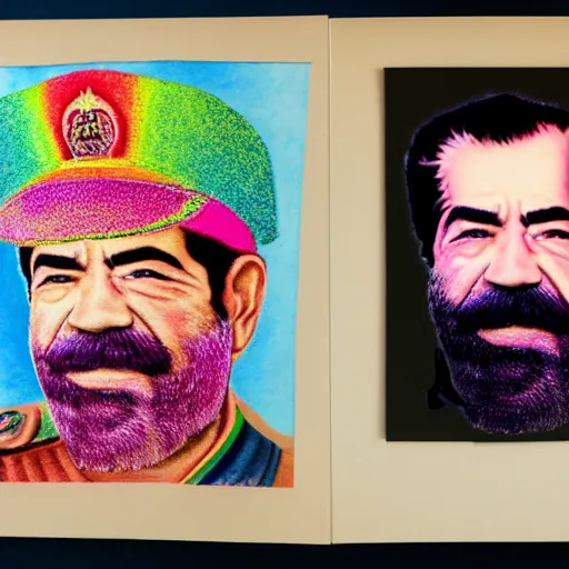 Image similar to rainbow colored portrait of saddam hussein with a pink puffy jacket hat, 8 k, intricate, detailed,